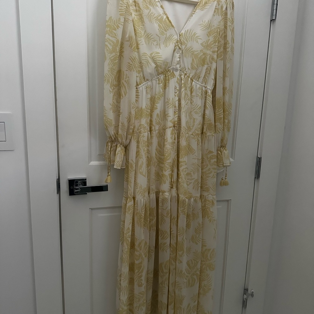 Cream and Yellow Long Sleeve Sundress with V-Neck
